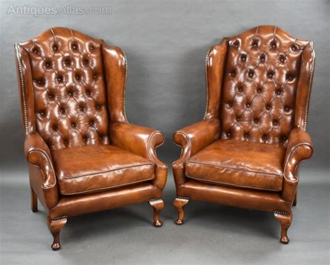 Pair Of Antique Hand Dyed Leather Wing Chairs Antiques Atlas