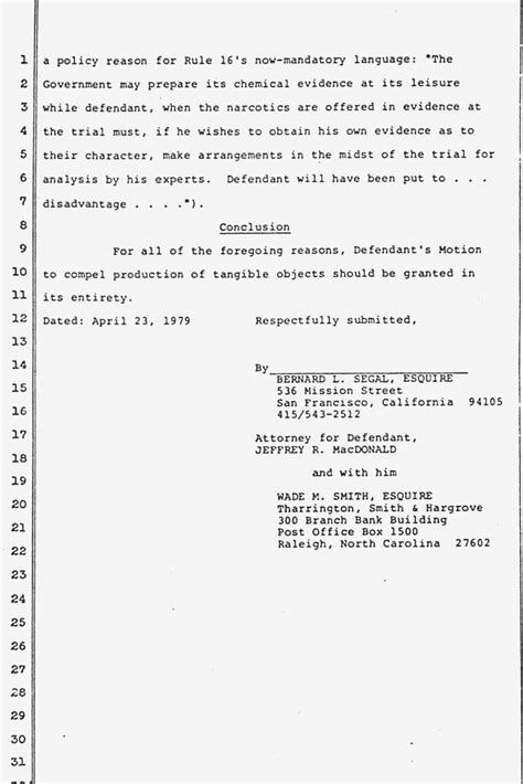 Jeffrey Macdonald Case Justthefacts Memo Re Production Of Tangible Objects April 1979