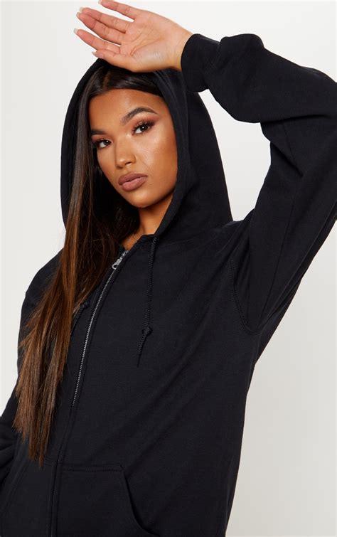 Black Fleece Zip Up Hoodie Tops Prettylittlething