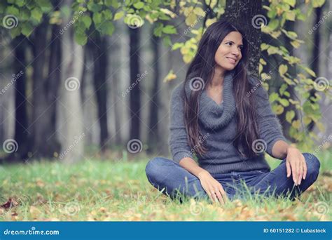 Beautiful Brunette Woman Outdoors Stock Photo Image Of Sitting Female