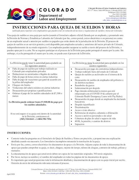 PDF INSTRUCCIONES PARA QUEJA DE SUELDOS Y HORAS de Explicación de