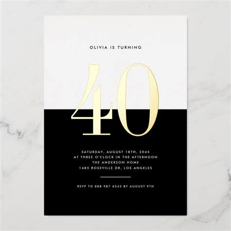 Modern Black And White 40th Birthday Gold Foil Foil Invitation Zazzle