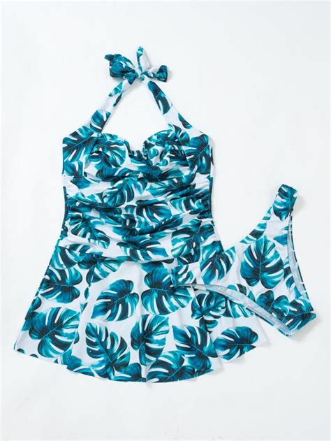 Shein Swim Vcay Tropical Print Ruffle Hem Halter Bikini Swimsuit