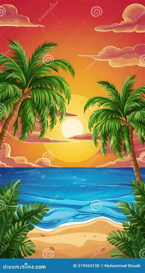 Tropical Beach Sunset With Palm Trees And Gentle Waves Serene And