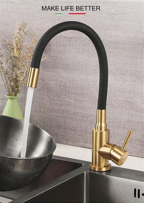 Set Of Black And Gold Stainless Steel Kitchen Sink Faucet With Flexible Cold And Hot Water
