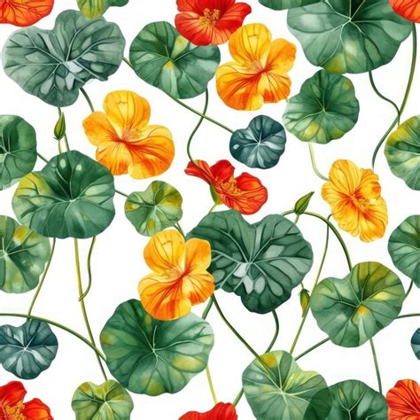 Premium Photo Watercolor Nasturtium Flowers With Leaves Seamless Pattern