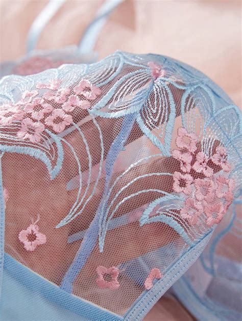 2 Peças Conjunto Sutiã Transparente e Calcinha Conjunto de Lingerie Sexy Bordado Floral