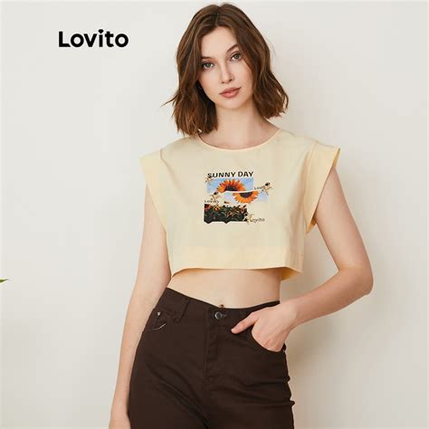 Lovito Casual Plain Crop Sleeveless Round Neck T Shirts L Ae