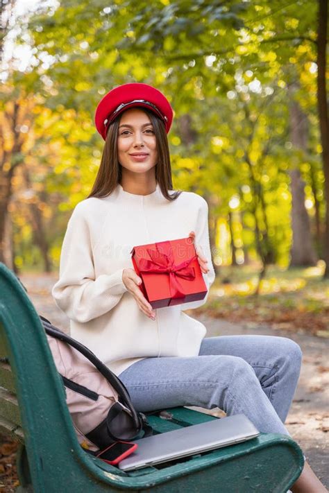 Cute Long Haired Brunette Girl Having Festive Mood Stock Photo Image Of Fest Present 164550890