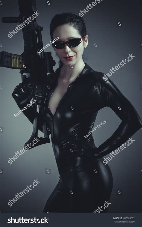 Sexy Brunette Woman Latex Jumpsuit Heavy Stock Photo 487883602 Shutterstock