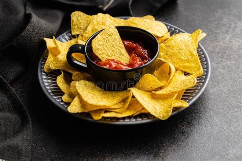 Tortilla Chips And Red Tomato Salsa Dip Mexican Nacho Chips Stock