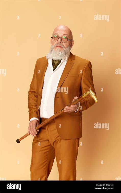 Portrait Of Bearded Mature Bald Man In Elegant Classical Suit Posing With Serious Expression