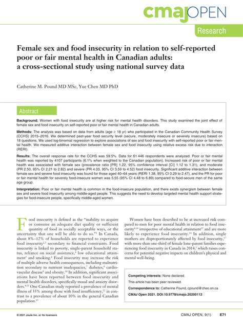 PDF Female Sex And Food Insecurity In Relation To Self Reported Poor Or Fair Mental Health In