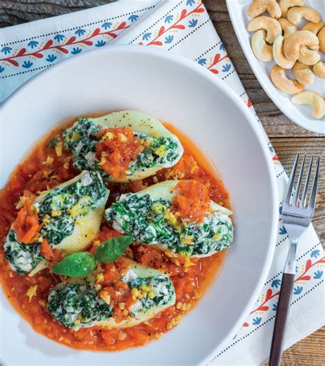 Cashew Ricotta Spinach Stuffed Shells In Arrabbiata Sauce