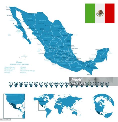 メキシコ 都市地域世界地図と地球上の位置と詳細な青い国の地図インフォグラフィックアイコン メキシコのベクターアート素材や画像を多数ご用意