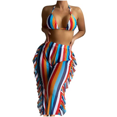 Women 3 Piece Swimsuit Set Triangle Halter Bikini Set With Tassel Cover Up Pants Swimwear
