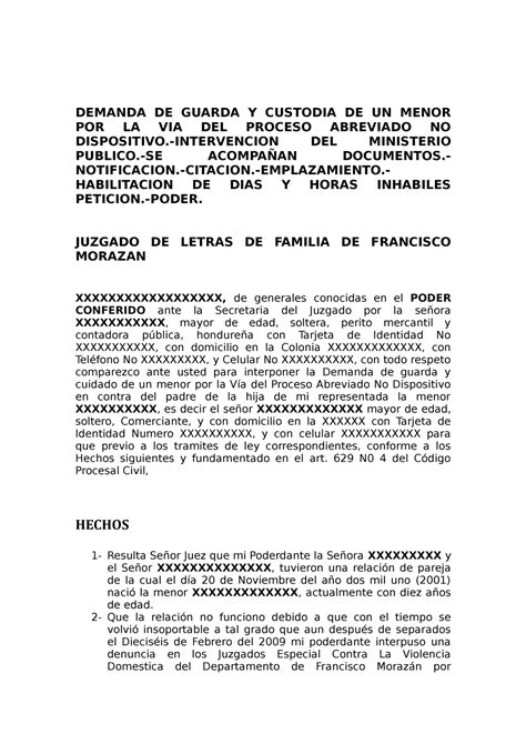 Demanda De Guarda Y Custodia Por Via Proceso Abreviado No Dispositivo