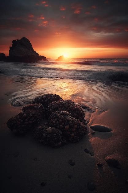 Premium AI Image | A sunset over a beach with a rock in the background