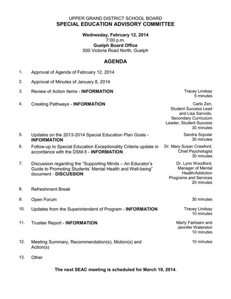 Special Education Advisory Committee Agenda