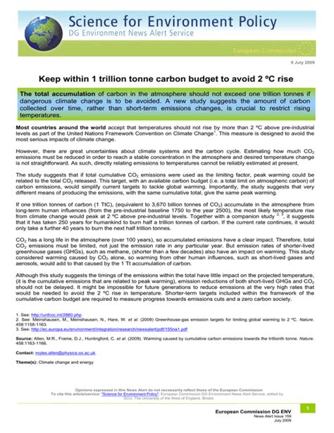 Keep Within 1 Trillion Tonne Carbon Budget To Avoid 2 ºc Rise