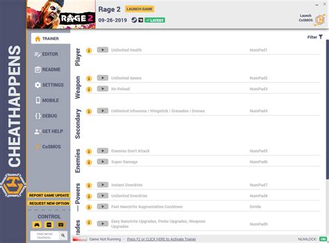 RAGE 2 Trainer +16 v09.26.2019 (Cheat Happens) GAME TRAINER download pc cheat codes