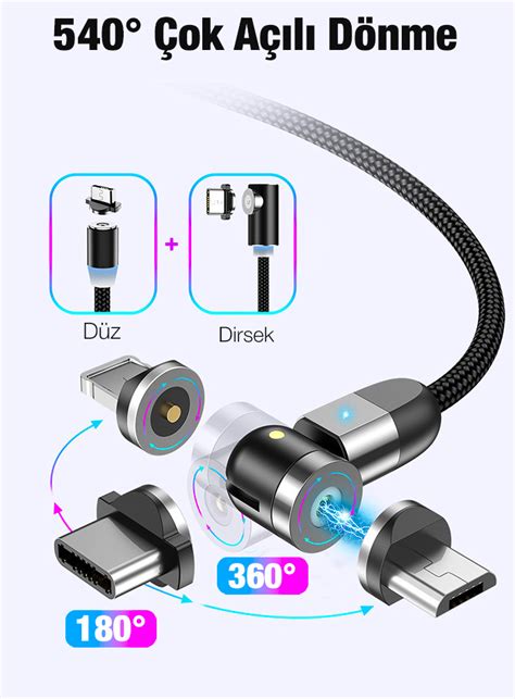 ALLY 540 Dönebilen Miknatisli Usb Sarj Kablosu 3 Baslik iPhone Type C