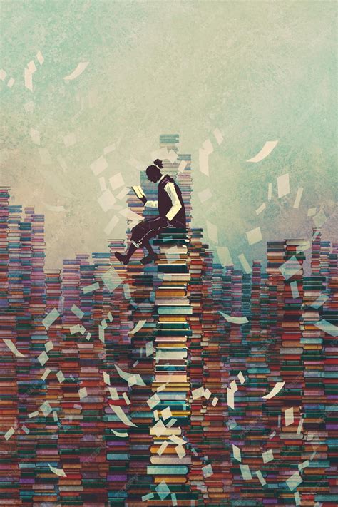 Premium Photo Man Reading Book While Sitting On Pile Of Books
