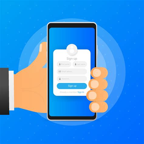 Hand Holds Phone With Sign Up Form Window On Screen On Blue Background