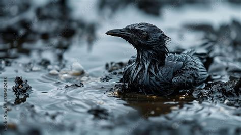 Bird Its Feathers Matted And Coated With Sticky Black Crude Oil