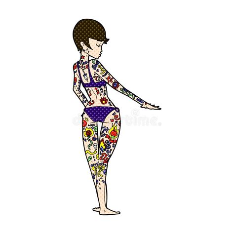Comic Cartoon Bikini Girl Covered In Tattoos Stock Illustration
