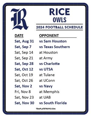 Printable 2024 Rice Owls Football Schedule