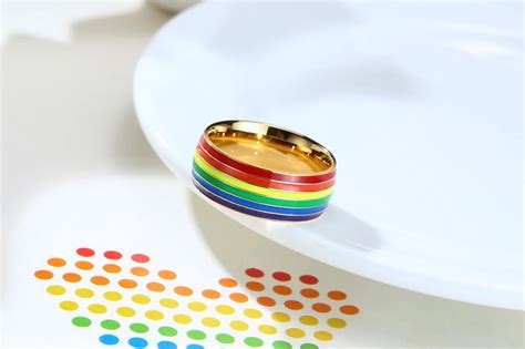 Mm Stainless Steel Enamel Rainbow Lgbt Pride Ring For Lesbian Gay Lgbtq Pride Wedding