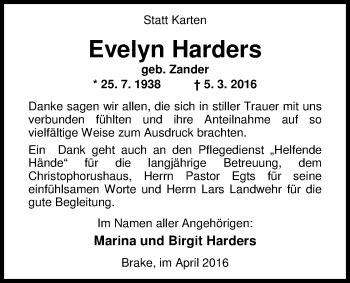 Traueranzeigen Von Evelyn Harders Nordwest Trauer De