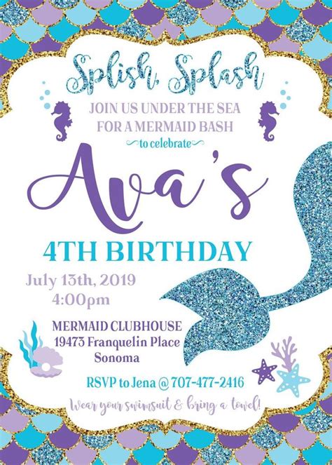 Mermaid Birthday Party Invitation Under The Sea Little Mermaid Summer Pool Party Personalized