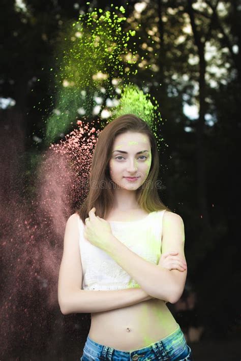 Nice Brunette Woman With Powder Exploding Aroung Her Stock Image Image Of Beauty Face