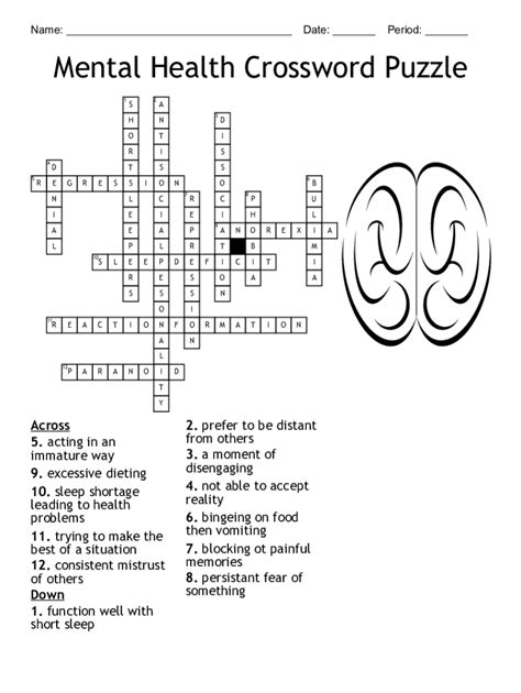 Mental Health Crossword Puzzle Blank Fillable Template Fill Out