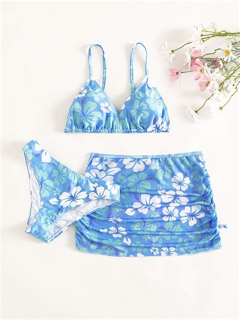 Teen Girls Pack Floral Print Bikini Swimsuit Ruched Beach Skirt