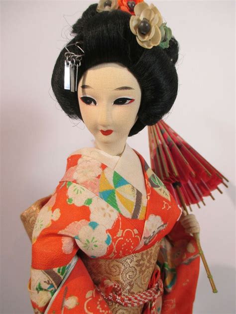 Geisha Doll Japanese Statue Cloth Face Hands Silk Floral Kimono Umbrella Vtg Japanese Statue