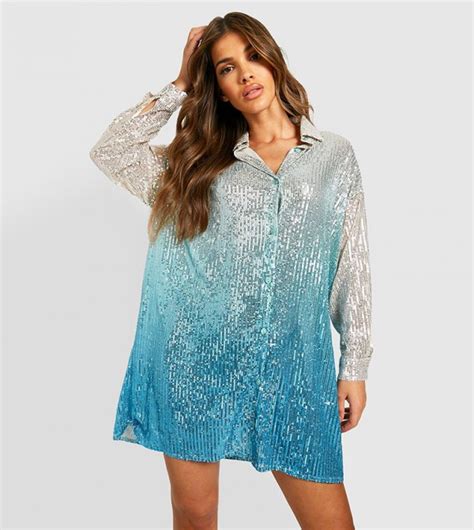 Buy Boohoo Sequined Ombre Oversized Shirt Party Dress In Blue