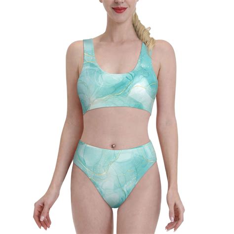 Adobk Blue Marble Print Women High Waisted Bikini Set Sports Swimsuit