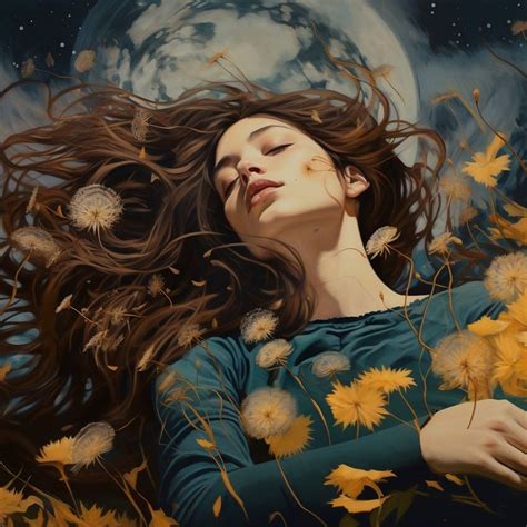 Digital Art Calm Brunette Woman Lying Down Peacefully With Beautiful Yellow And Teal Colors