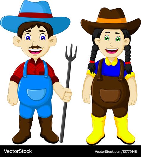 Funny Couple Farmer Cartoon Holding Rake Vector Image