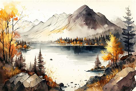 watercolor landscape  mountains forest  river  front