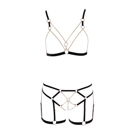 Completo Intimo Sexy Aperto Con Catene Oro Rosa Lingerie Sexy Donna