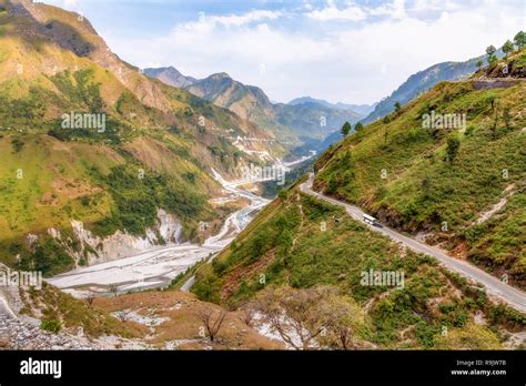 aerial scenic landscape  mountain river valley  highway road