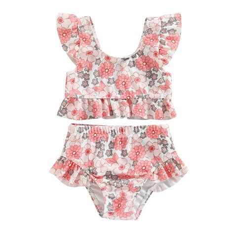 Baby Girls Bikini Set Flower Bull Head Print Fly Sleeve Vest With Elastic Waist Briefs Bathing