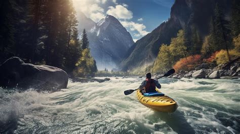 Premium Photo | Whitewater kayaking down a white water rapid river in ...