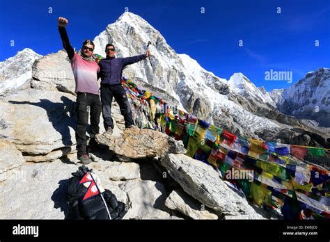 Adult Trekkers Walking Up Kala Patthar Mountain Unesco World Heritage