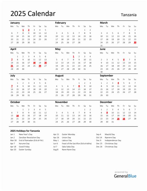 2025 Tanzania Calendar with Holidays