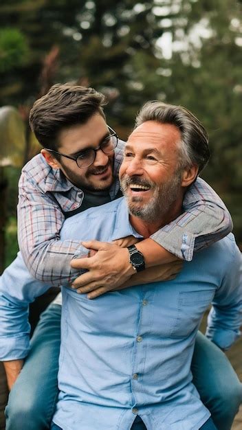 Happy Mature Man Having Fun While Embracing With His Adult Son Who Came To Visit Him Premium